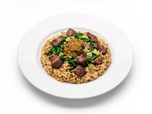 Low FODMAP Beef Risotto with Whole Grain Mustard and Spinach