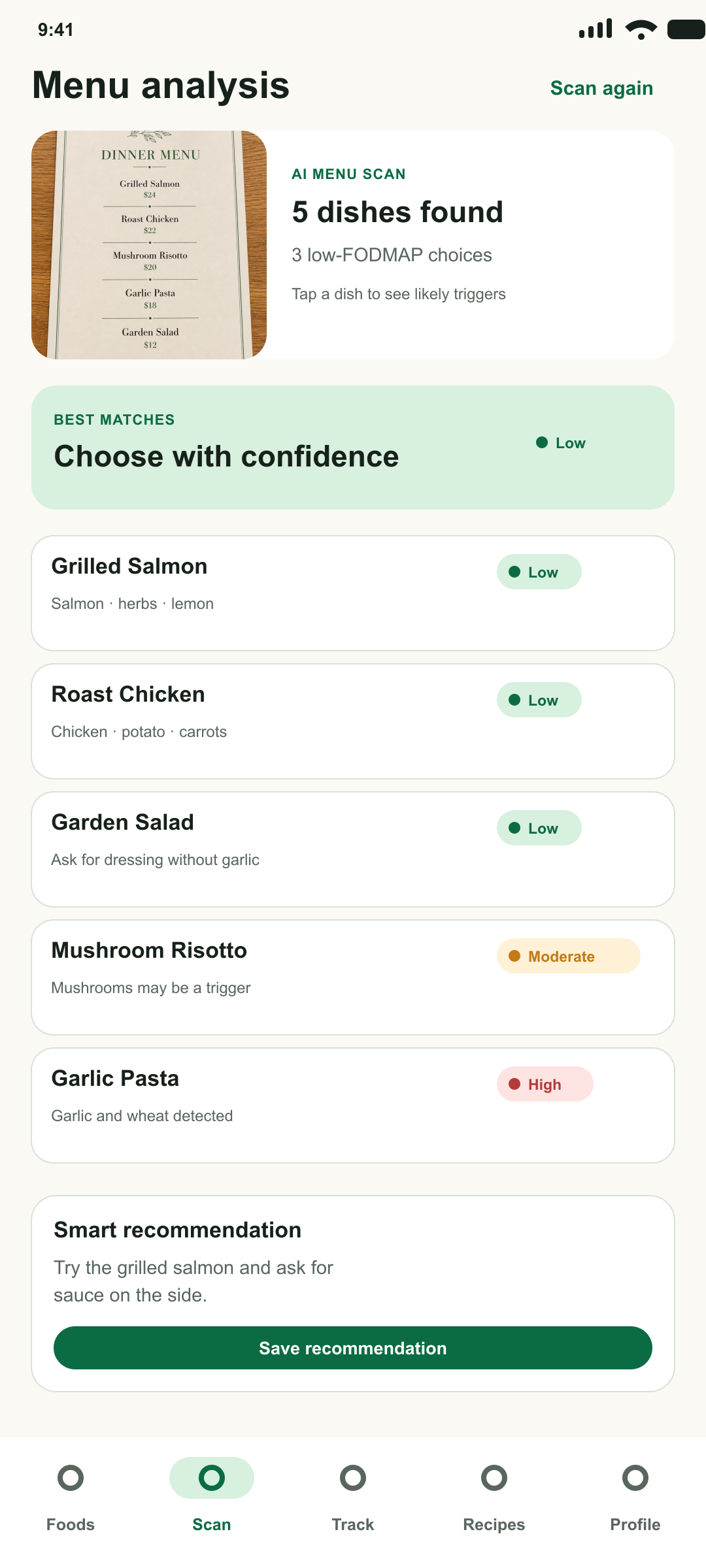 GutMate menu analysis showing low, moderate, and high FODMAP dishes